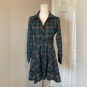 Arrow Green and Gray Plaid Long Sleeve Dress